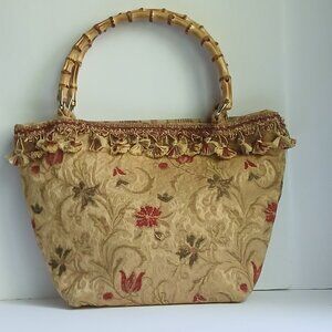 Golden Yellow Floral Brocade Fabric Bamboo Handled Satchel Bag ~ Lovely!
